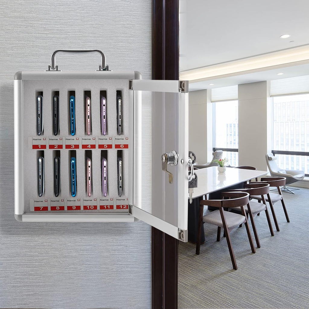 12-Slot Aluminum Phone Storage Cabinet with Lock & Handle, Wall-Mount or Free-Standing Locker for Schools, Offices, Classrooms (Silver)