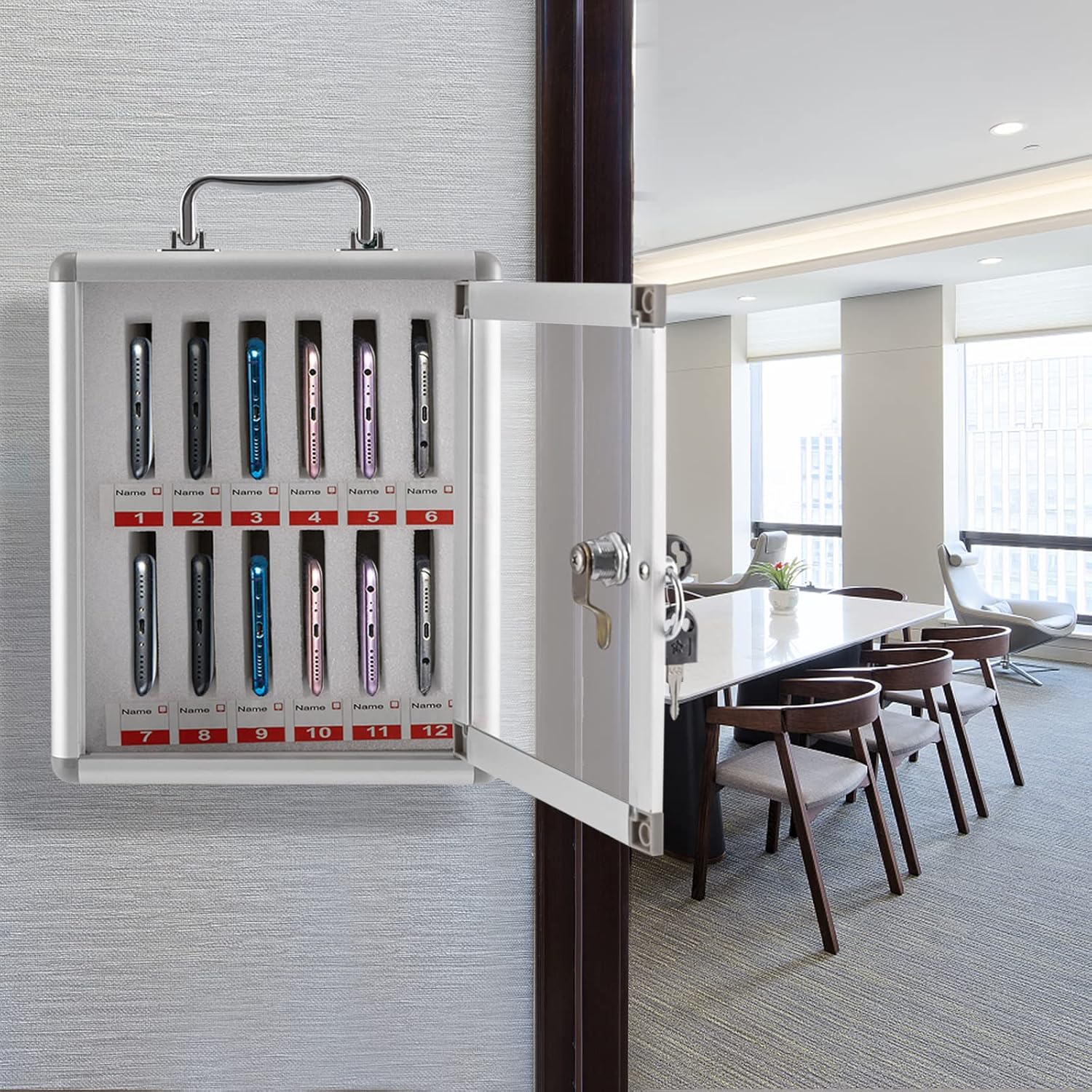 12-Slot Aluminum Phone Storage Cabinet with Lock & Handle, Wall-Mount or Free-Standing Locker for Schools, Offices, Classrooms (Silver)