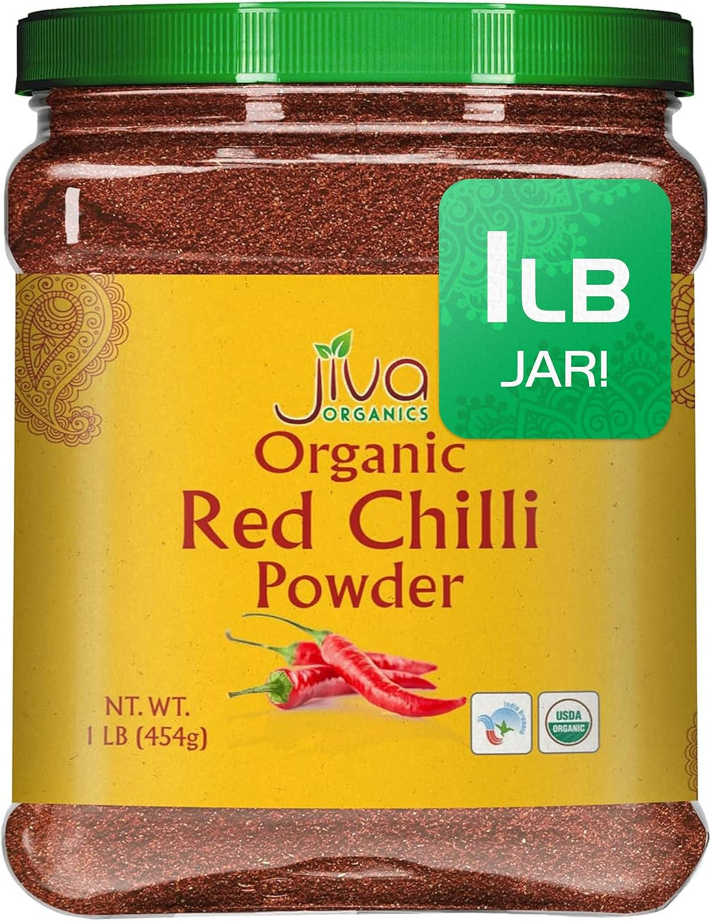 Jiva Organic Red Chili Powder 1 Pound Jar - Non-GMO, Suitable for Vegetarians