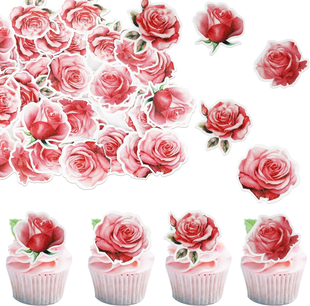 48 PCS Edible Rose Cupcake Toppers - Wafer Paper Rose Cupcake Picks for Roses Theme Baby Shower Wedding Bridal Birthday Anniversary Party Decorations Supplies - Pink