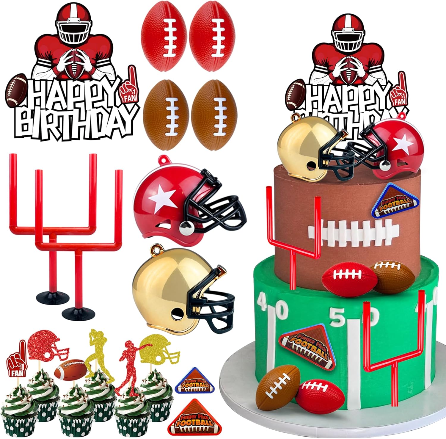 17 PCS Football Birthday Party Supplies Set with Helmet Football Cake Topper Mini Flick Football Games for Themed Celebrations