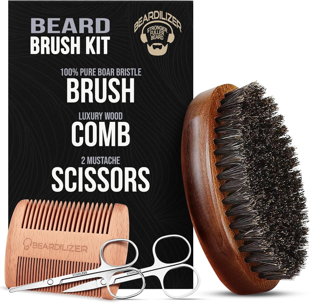 Beardilizer Beard Brush Kit, 100% Pure Boar Bristle Brush, Luxury Wood Comb & 2 Mustache Scissors, Professional Grooming & Care, Beard Accessories for Men