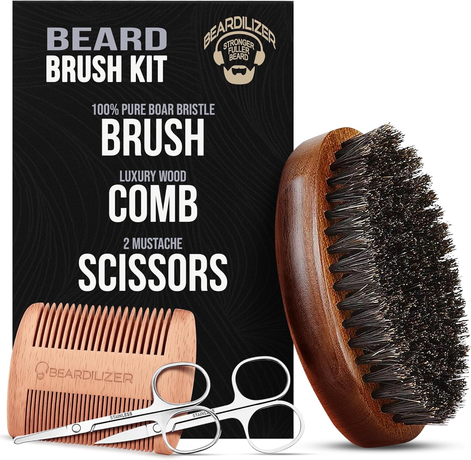 Beardilizer Beard Brush Kit, 100% Pure Boar Bristle Brush, Luxury Wood Comb & 2 Mustache Scissors, Professional Grooming & Care, Beard Accessories for Men