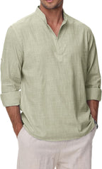 Cotton Linen Shirts for Men Lightweight Casual Long Sleeve Henley Beach Hawaiian Tops
