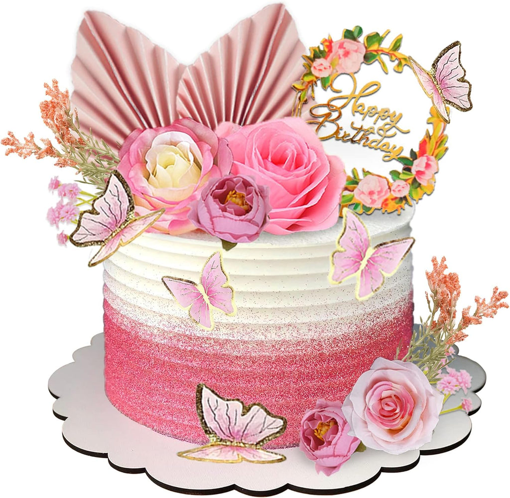 17 PCS Flower Cake Toppers Boho Cake Toppers Butterfly Cake Decorations with Light Artificial Roses Eucalyptus for Wedding Birthday Supplies (Light Pink)