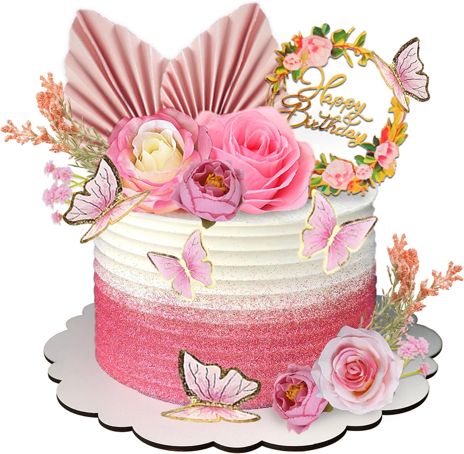 17 PCS Flower Cake Toppers Boho Cake Toppers Butterfly Cake Decorations with Light Artificial Roses Eucalyptus for Wedding Birthday Supplies (Light Pink)