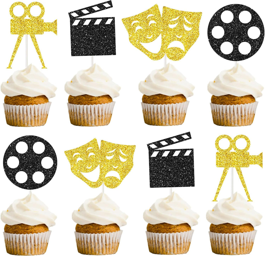 Theatrical Mask Cupcake Toppers 24PCS Comedy Movie Night Cake Decorations Film Theme Birthday Party Decoration for Hollywood Movie Festival Party Supplies Glitter Gold and Black