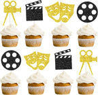 Theatrical Mask Cupcake Toppers 24PCS Comedy Movie Night Cake Decorations Film Theme Birthday Party Decoration for Hollywood Movie Festival Party Supplies Glitter Gold and Black