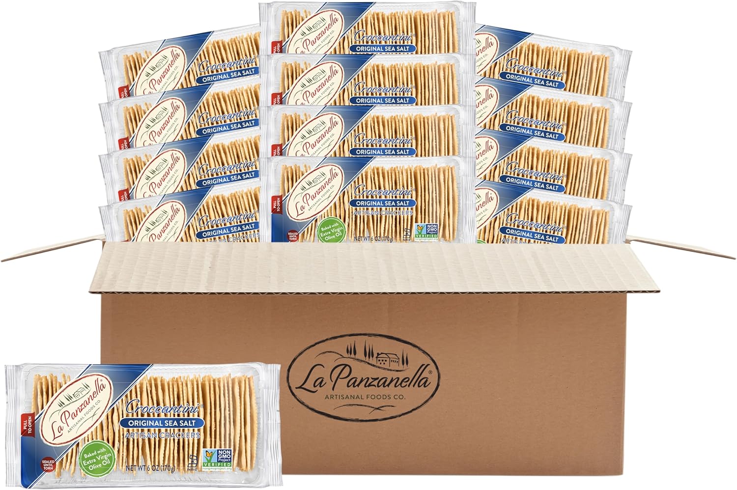 La Panzanella Croccantini, Original Sea Salt Crackers (Pack of 12) - Light Artisanal Crackers, Charcuterie Crackers, Non-GMO, Kosher, 12 x 6 oz