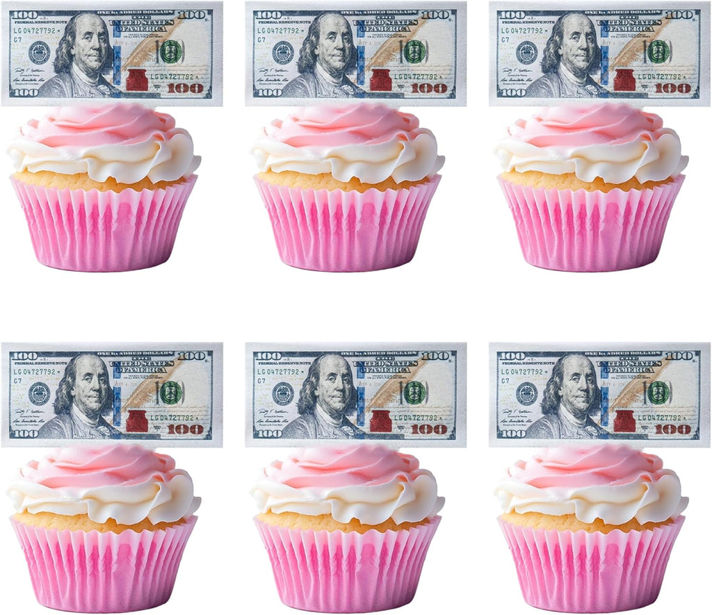 100 PCS Edible 100 Dollars Bill Image Cupcake Toppers Wafer Paper Money Cupcake Picks Counterfeit Edible 100 Dollars Party Decorations for Dollar Theme Party Decorations Supplies Small Size