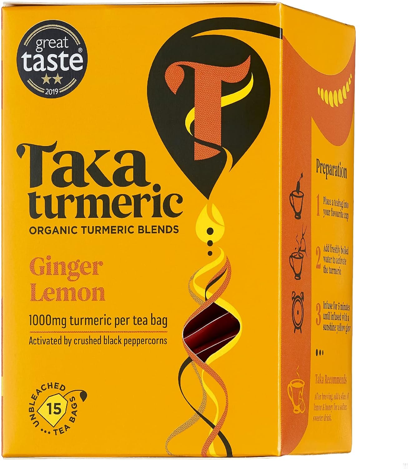 Taka Turmeric Tea, Organic Ginger Lemon (1 x Carton (15 tea bags))