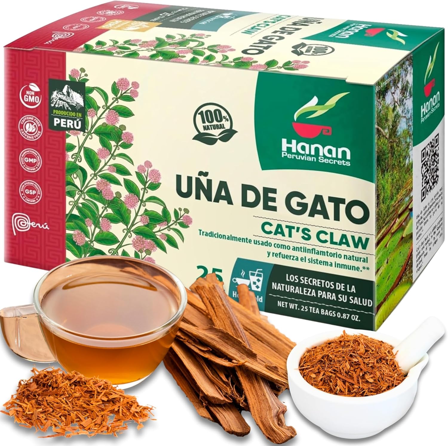 Hanan Cat’s Claw Tea Uña de Gato 25 Herbal Teabags – Wild Una de Gato Tree Bark Herb From Peru’s Amazon Lush of Peru