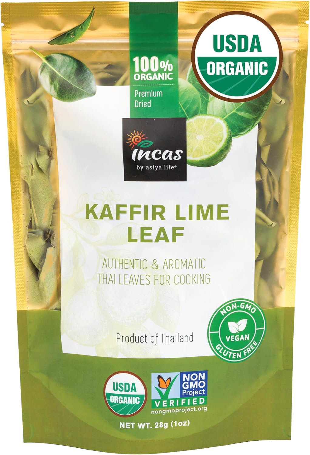 INCAS 100% USDA Organic Kaffir Lime Leaves 1 oz (28 Grams) Direct From Source Thailand Original Authentic Thai Flavor & Citrus Aroma ใบมะกรูดเเห้ง Whole Dried Uncrumpled Leaves Freshly Picked & Easy To Use