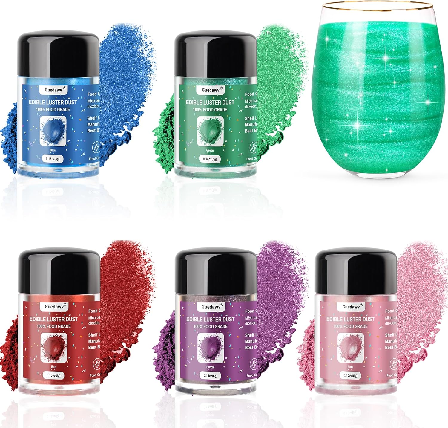 5 Colors Edible Glitter Set, Food Grade Edible Glitter for Drinks, Flavorless Luster Dust Shimmer Powder for Baking, Cakes, Cocktails, Beverages, Strawberries, Cookies, Candies, Fondant (5g/Bottle)
