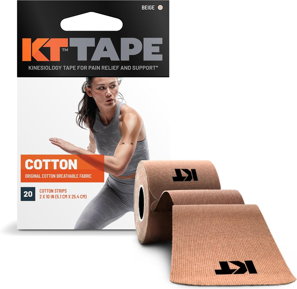 KT Tape, Original Cotton, Elastic Kinesiology Tape, Everyday Muscle and Joint Support, Daily Pain Relief, 20 Count, 10” Precut Strips, Beige