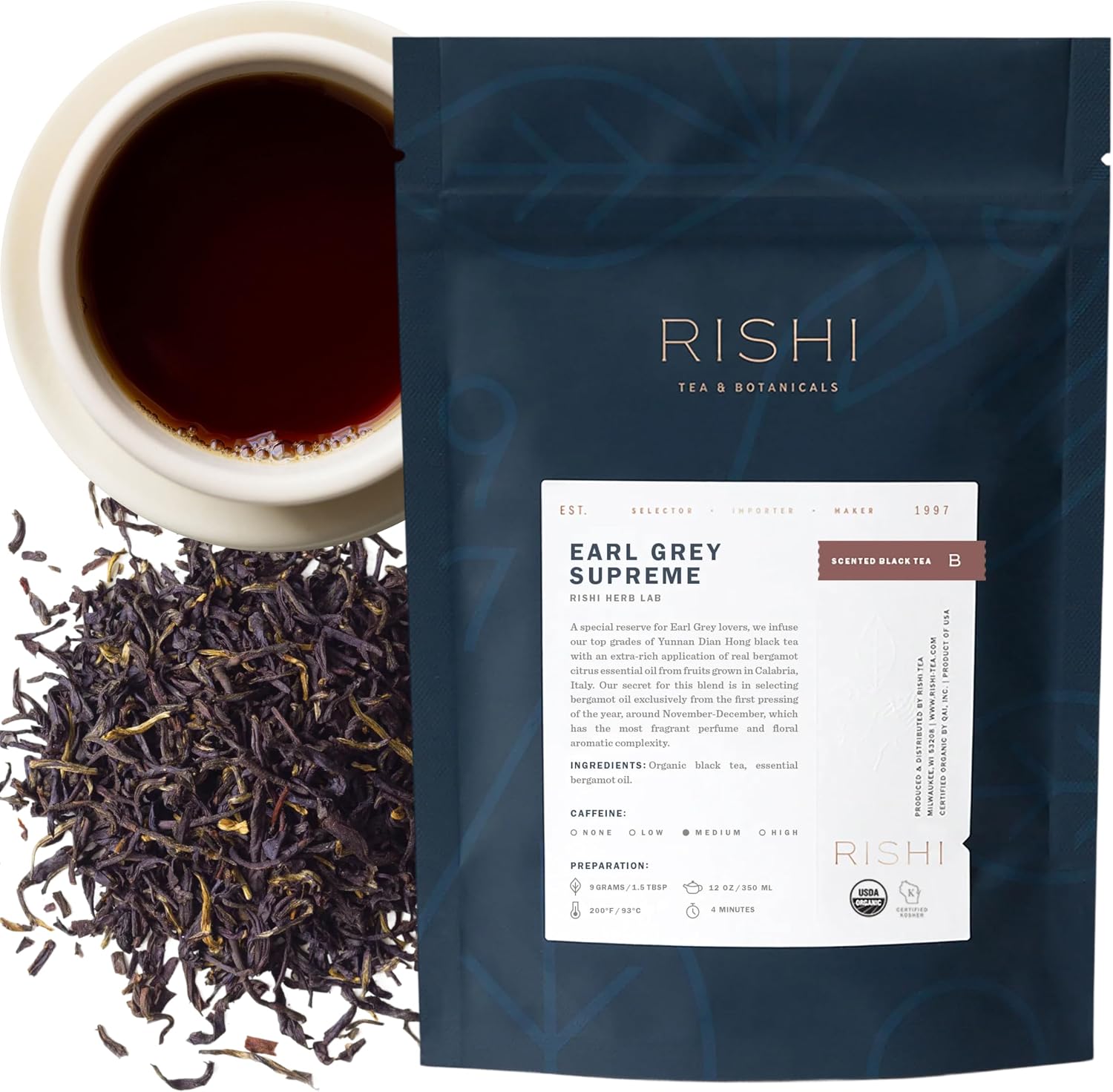 Rishi Tea Earl Grey Supreme Tea - Organic, Caffeinated Loose Leaf Tea with Bergamot Oil and Top Grade Yunnan Black Tea - 4 Ounces, 12+ Servings