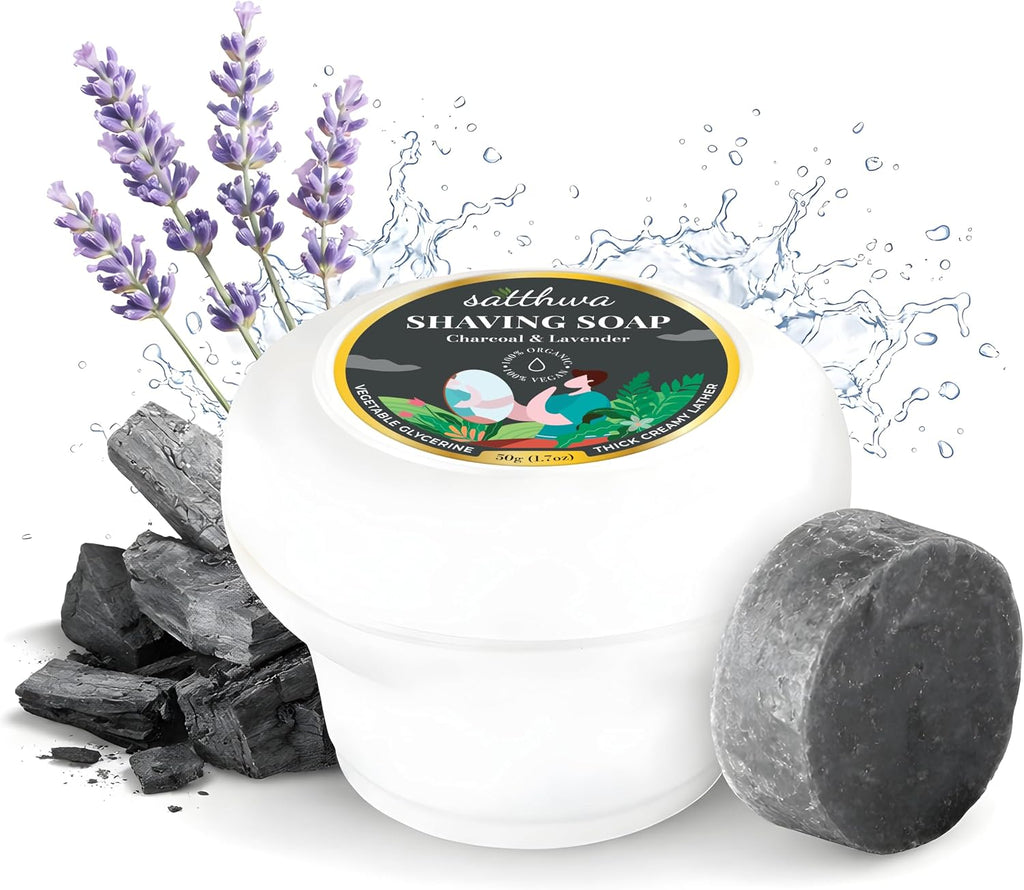 Satthwa Organic Shaving Soap Puck infused with Charcoal & Lavender | Create the Perfect Lather | Excellent for Silky Smooth Shaves | Cleansing & Nourishing, 50g (1.7oz)