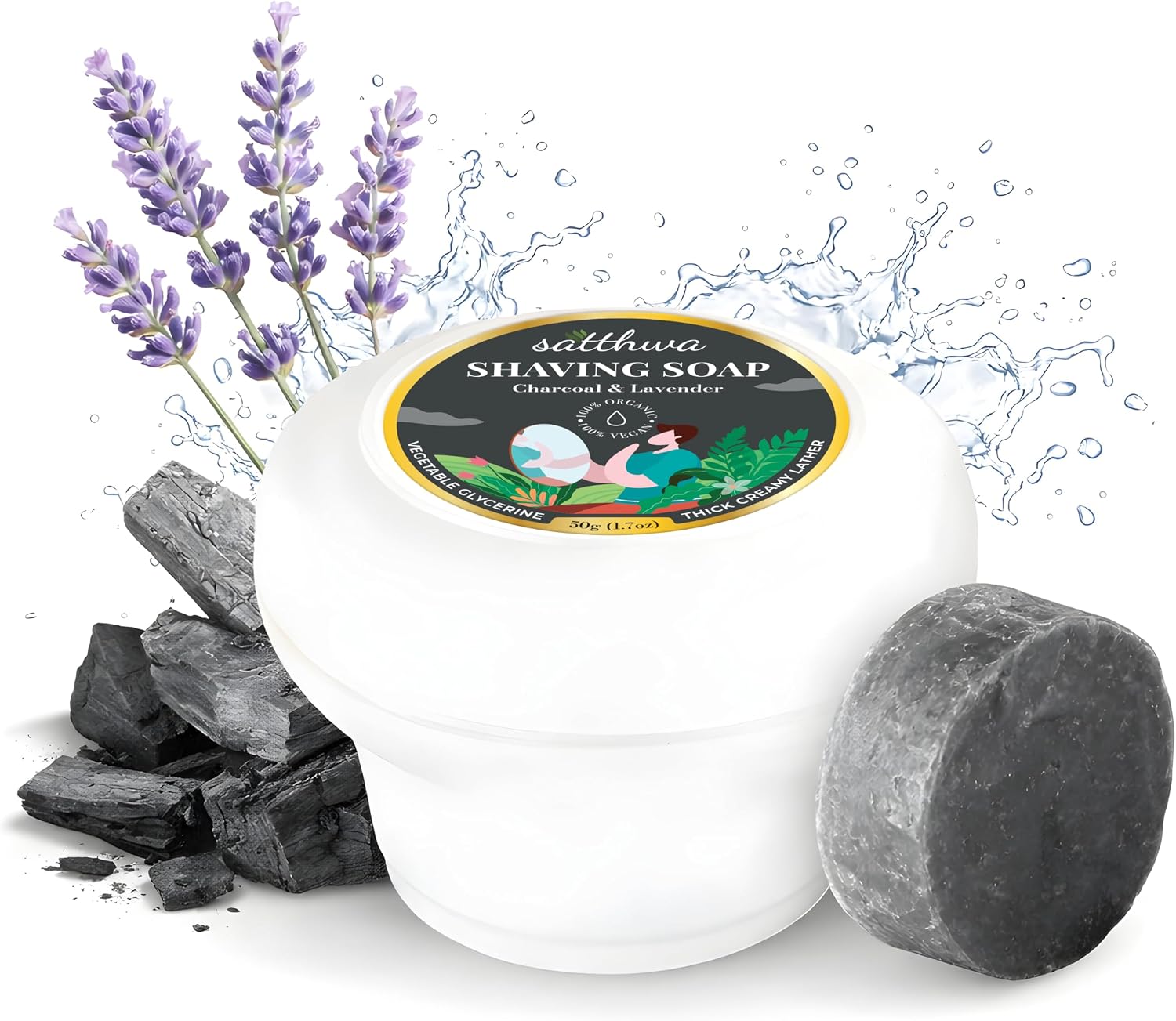 Satthwa Organic Shaving Soap Puck infused with Charcoal & Lavender | Create the Perfect Lather | Excellent for Silky Smooth Shaves | Cleansing & Nourishing, 50g (1.7oz)