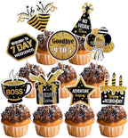 27 Pcs Happy Retirement Cupcake Toppers,NO DIY Retired Cupcake Picks Happy Retirement Theme Party Cake Decorations Gold Glitter,Birthday Cake Topper Supplies Retired Party Table Decorations Black Gold