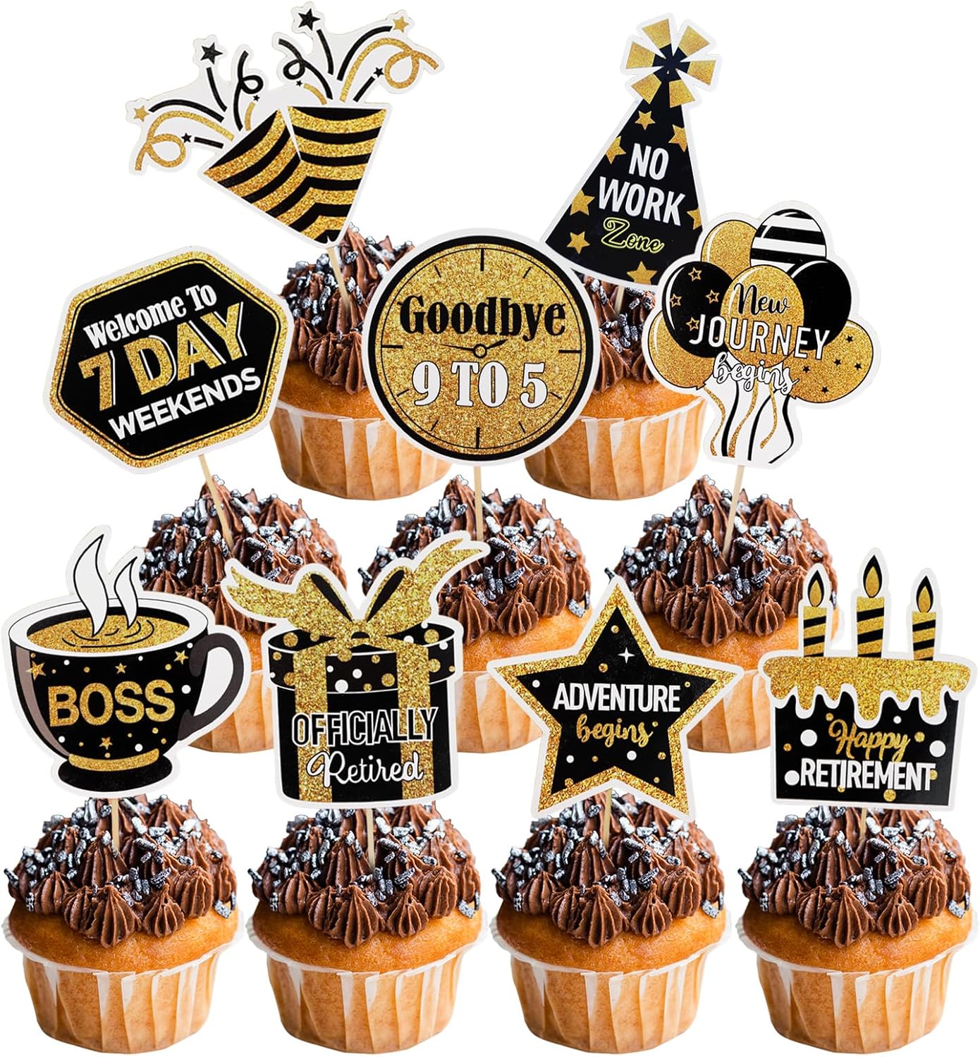 27 Pcs Happy Retirement Cupcake Toppers,NO DIY Retired Cupcake Picks Happy Retirement Theme Party Cake Decorations Gold Glitter,Birthday Cake Topper Supplies Retired Party Table Decorations Black Gold