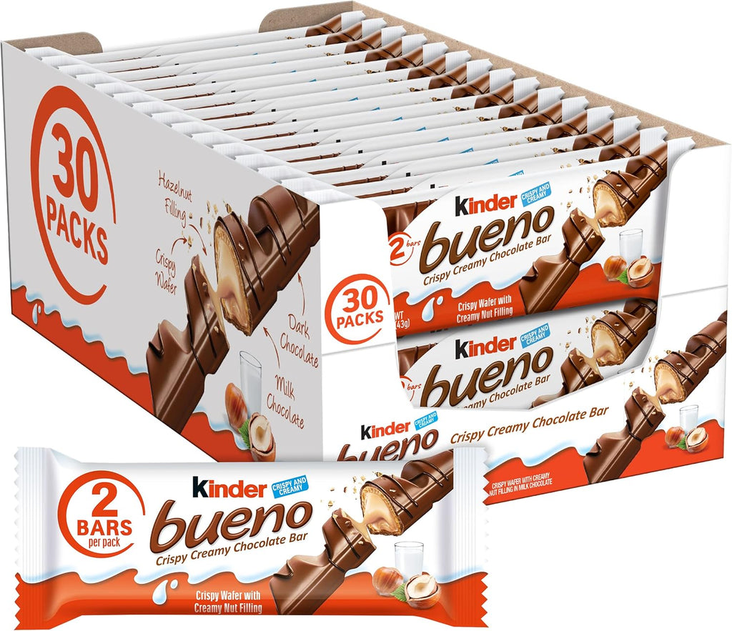 Kinder Bueno Milk Chocolate Bars with Hazelnut Filling, 30 Packs of 2, Bulk Chocolate Candy Bars for Game Day, Football Party Supplies, Snacks for Adults, 1.4 oz Per Pack