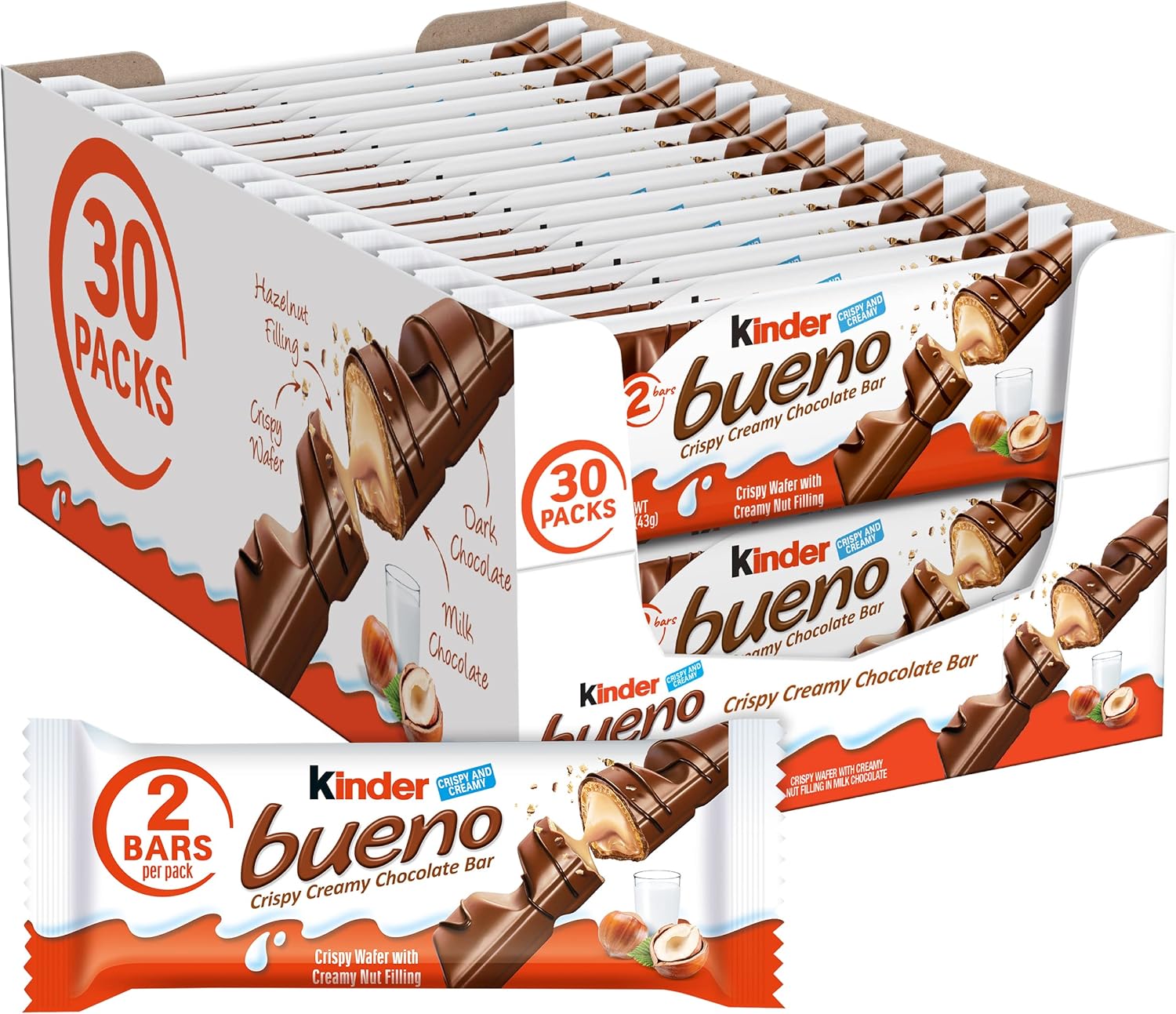 Kinder Bueno Milk Chocolate Bars with Hazelnut Filling, 30 Packs of 2, Bulk Chocolate Candy Bars for Game Day, Football Party Supplies, Snacks for Adults, 1.4 oz Per Pack