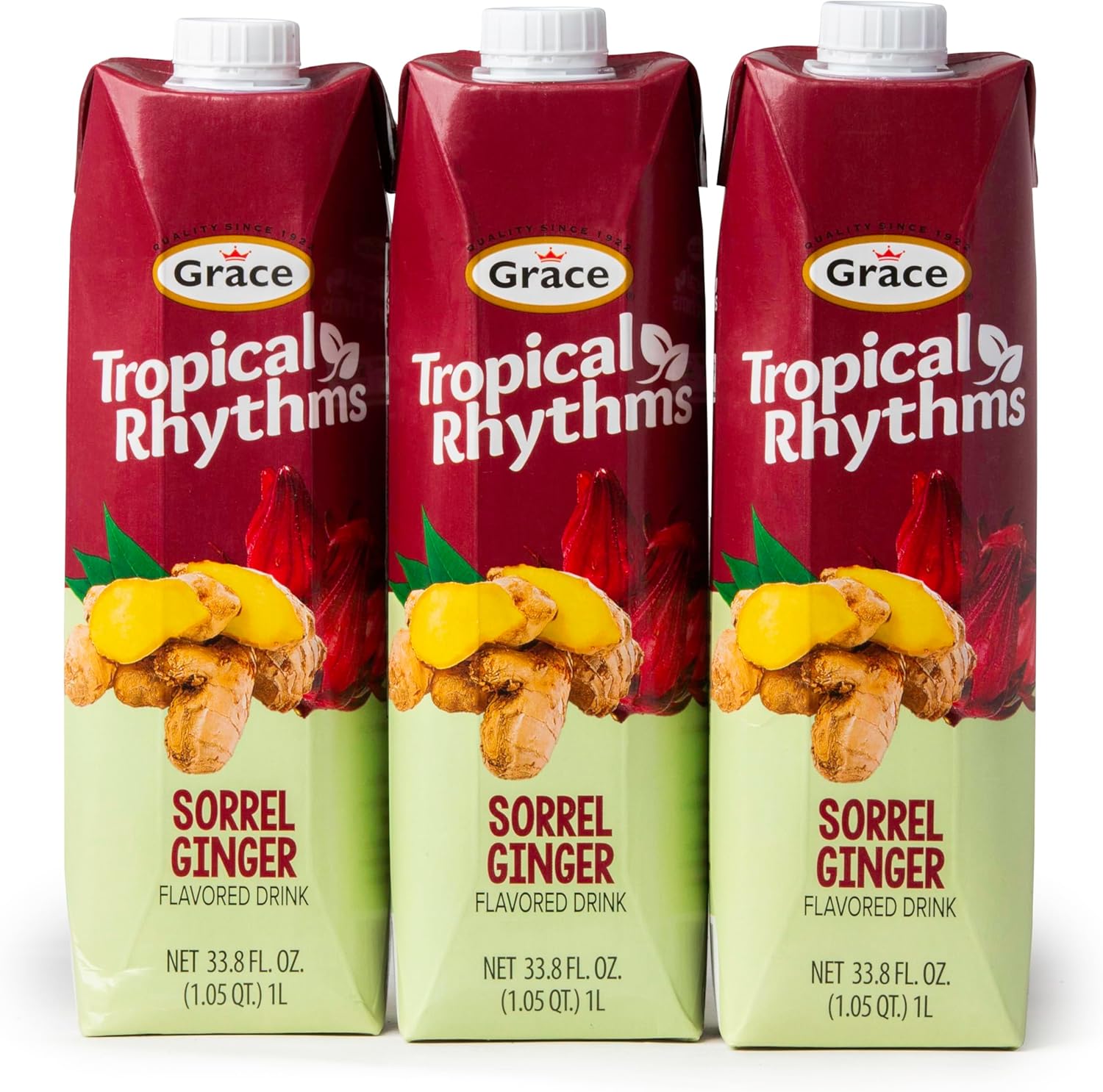 Grace Tropical Rhythms Sorrel Ginger Jamaican Fruit Juice 1 Liter (33.8oz) - 3 Cartons - Authentic Jamaican Ginger Juice Pure Drink