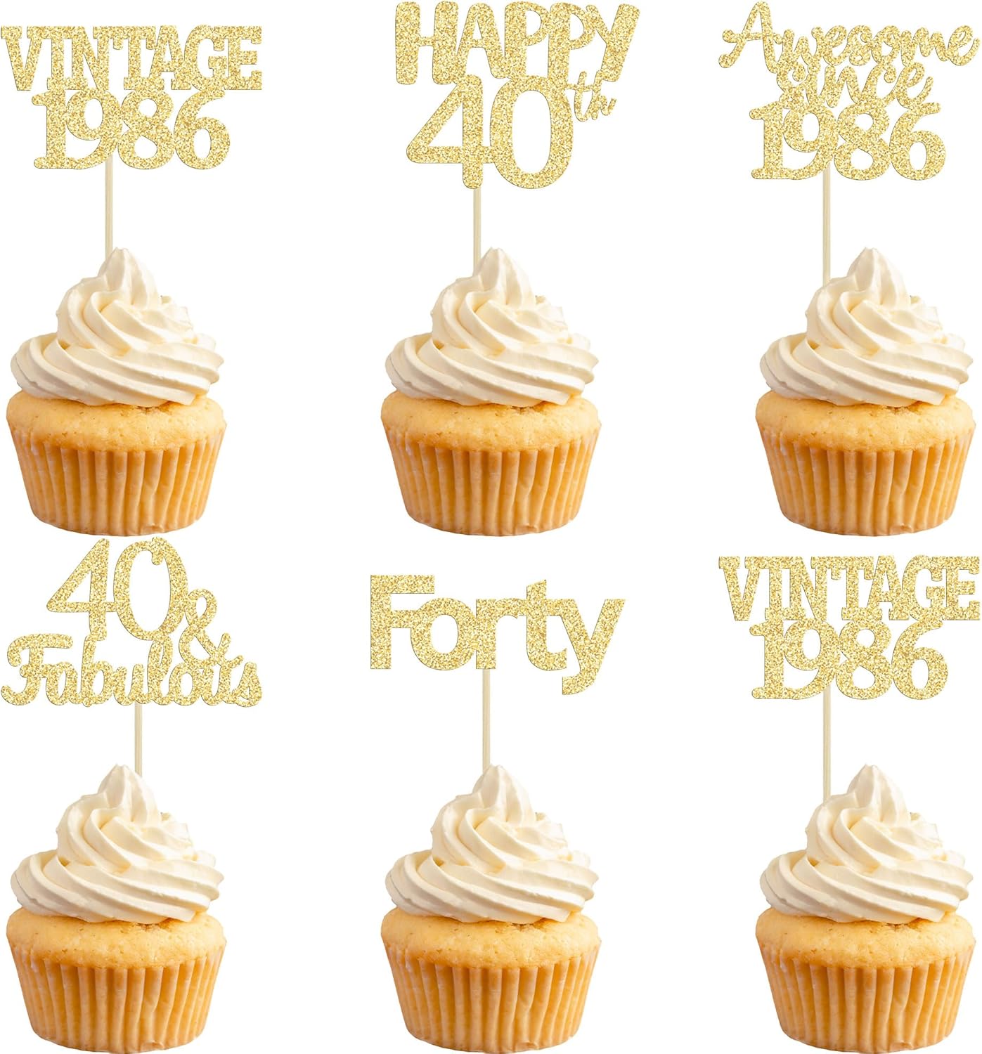 Gyufise 30Pcs Happy 40th Birthday Cupcake Toppers Glitter Forty Vintage 1986 Cupcake Picks Cheers to 40 Fabulous Cake Decorations for Happy 40th Birthday Wedding Anniversary Party Supplies Gold