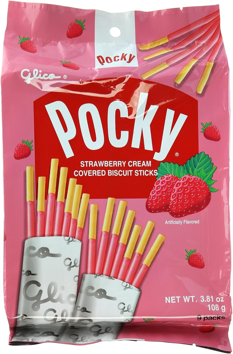 Glico Pocky, Strawberry Cream Covered Biscuit Sticks (9 Individual Bags), 3.81 oz