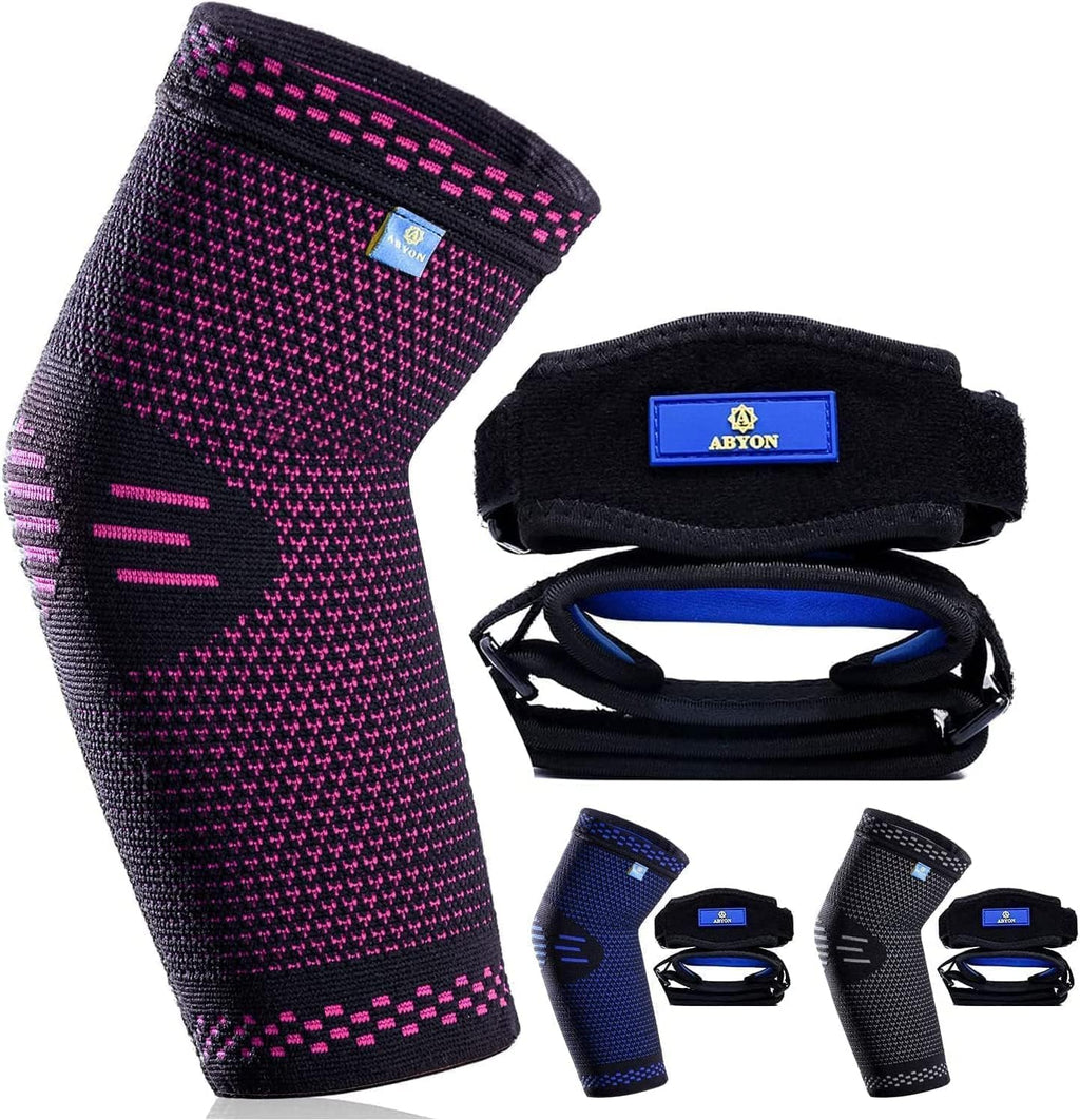 ABYON Compression Elbow Support, 1 Piece Compression Sleeve + 2 Pcs Tennis Elbow Pads for Men Women Pain Relieves Tendonitis, Arthritis, Tennis Elbow, Epicondylitis