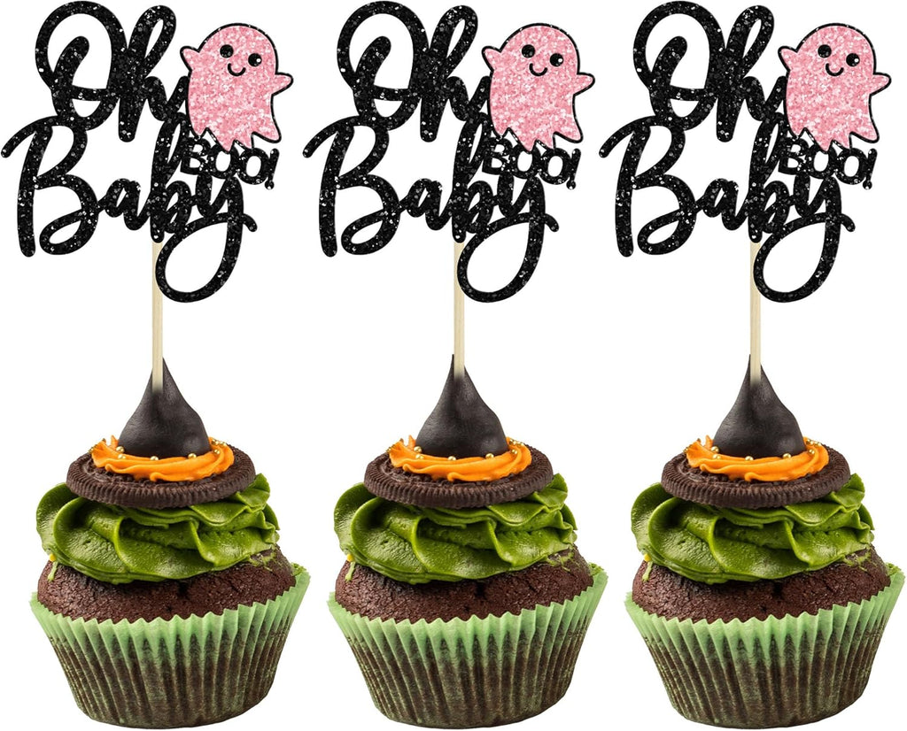 Gyufise 24Pcs Oh Baby Halloween Cupcake Toppers Black Glitter Ghost Cupcake Picks for Baby Shower Birthday Happy Halloween Theme Party Cupcake Decoration Supplies