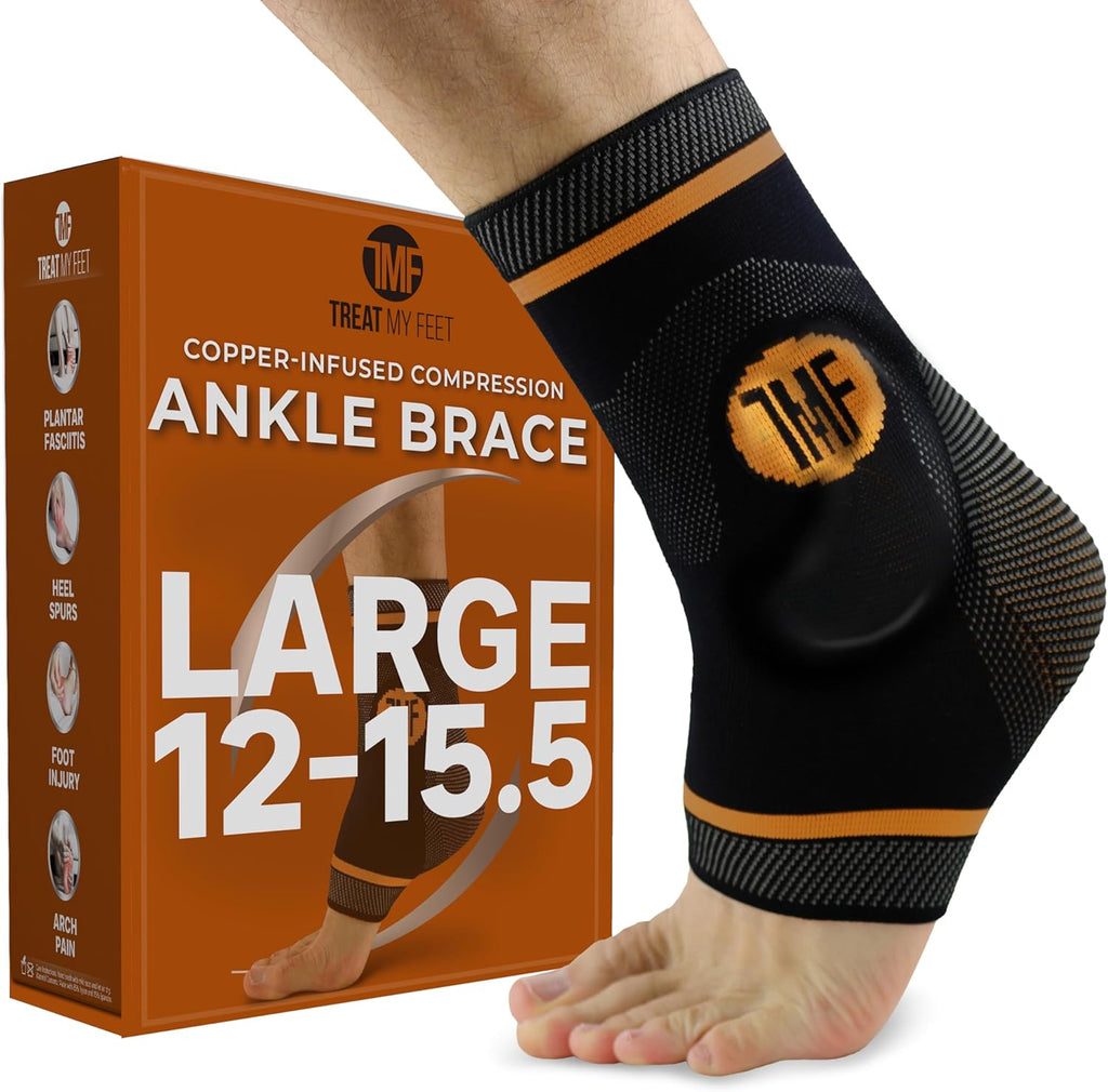 Treat My Feet Compression Ankle Brace with Silicone Ankle Support and Copper - Plantar Fasciitis Brace for Foot Pain & Achilles Tendonitis Relief - Ankle Brace for Women & Men - Large Size