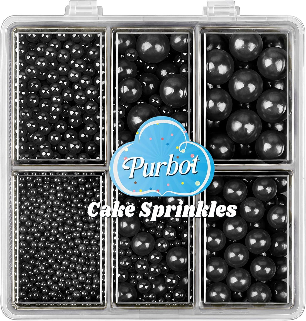Black Sprinkles for Cake Decorating, 4 Sizes Edible Pearl Sugar 130g/4.6oz, Cupcake, Ice Cream, Donuts, Macaron Toppings Supplies (2mm, 4mm, 7mm, 1cm) (Black)