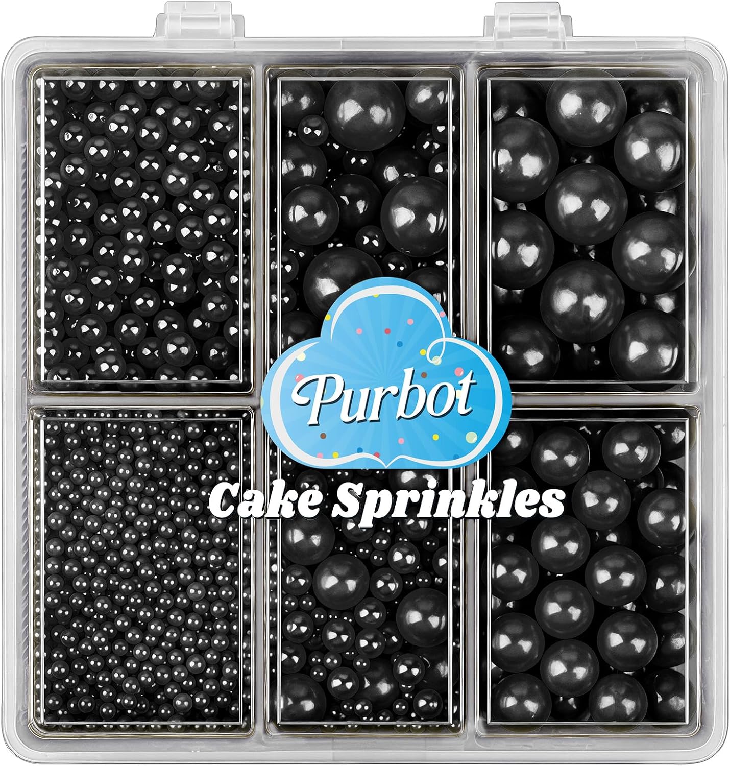 Black Sprinkles for Cake Decorating, 4 Sizes Edible Pearl Sugar 130g/4.6oz, Cupcake, Ice Cream, Donuts, Macaron Toppings Supplies (2mm, 4mm, 7mm, 1cm) (Black)
