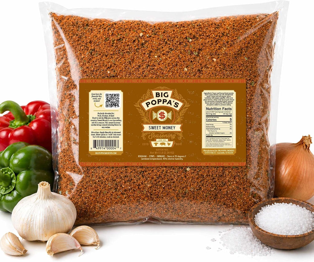 Big Poppa’s Sweet Money BBQ Rub – Prize-Winning Sweet & Savory Pork Seasoning with Granulated Honey – Gluten-Free Dry Rub for Ribs, Pulled Pork & More – Bulk Bag for BBQ, Smoking & Grilling (5lb)