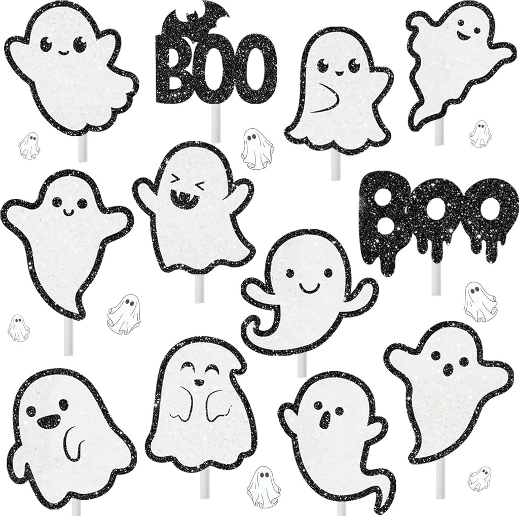 Halloween Ghost Cupcake Toppers Glitter Cake Decorations 24Pcs Halloween Boo Cupcake Picks White Ghost Cake Topper for Baby Shower Birthday Party Supplies