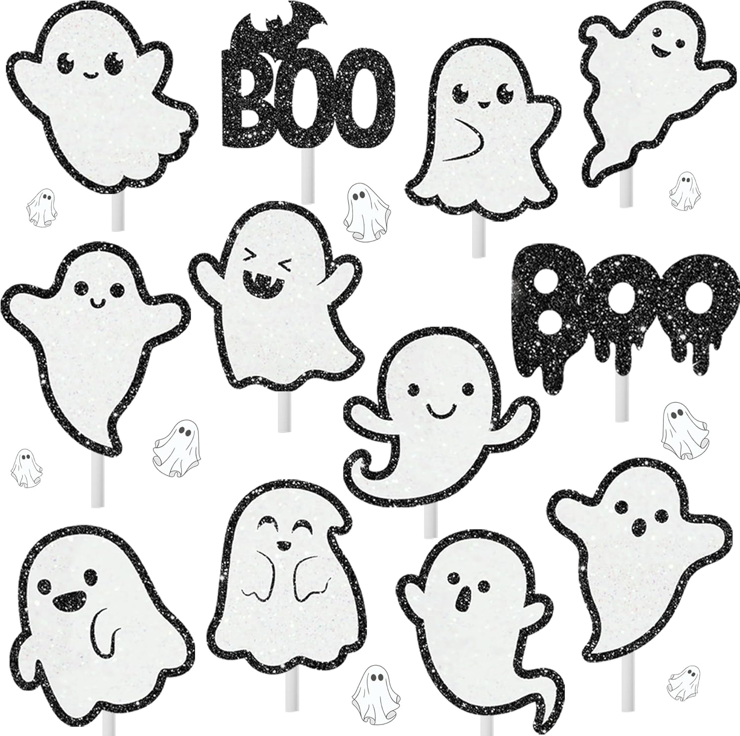 Halloween Ghost Cupcake Toppers Glitter Cake Decorations 24Pcs Halloween Boo Cupcake Picks White Ghost Cake Topper for Baby Shower Birthday Party Supplies