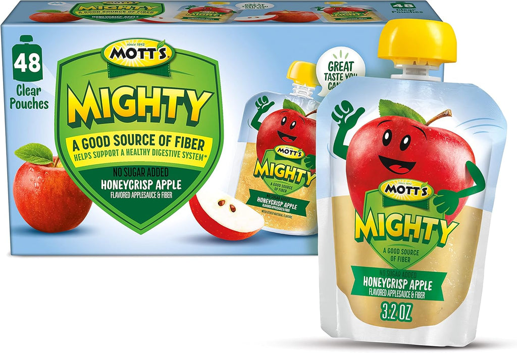 Mott's Mighty Honeycrisp Apple Applesauce, 3.2 Oz Clear Pouches, 48 Count (4 Packs of 12), No Sugar Added, Good Source Of Fiber, Supports A Healthy Digestive System, Gluten-Free, Kosher
