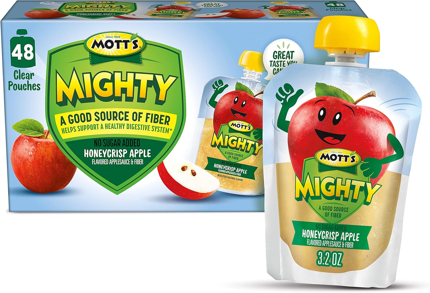 Mott's Mighty Honeycrisp Apple Applesauce, 3.2 Oz Clear Pouches, 48 Count (4 Packs of 12), No Sugar Added, Good Source Of Fiber, Supports A Healthy Digestive System, Gluten-Free, Kosher