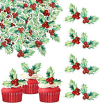 60 PCS Edible Merry Christmas Cupcake Toppers - Edible Holly Leaves Berries Cake Picks Decorations for Christmas & New Year Parties - Light Green