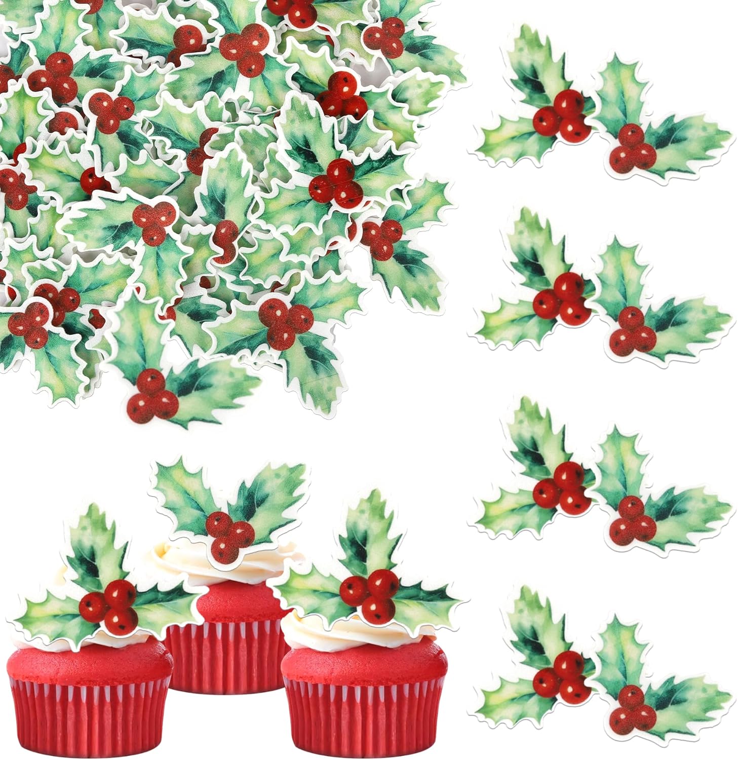 60 PCS Edible Merry Christmas Cupcake Toppers - Edible Holly Leaves Berries Cake Picks Decorations for Christmas & New Year Parties - Light Green