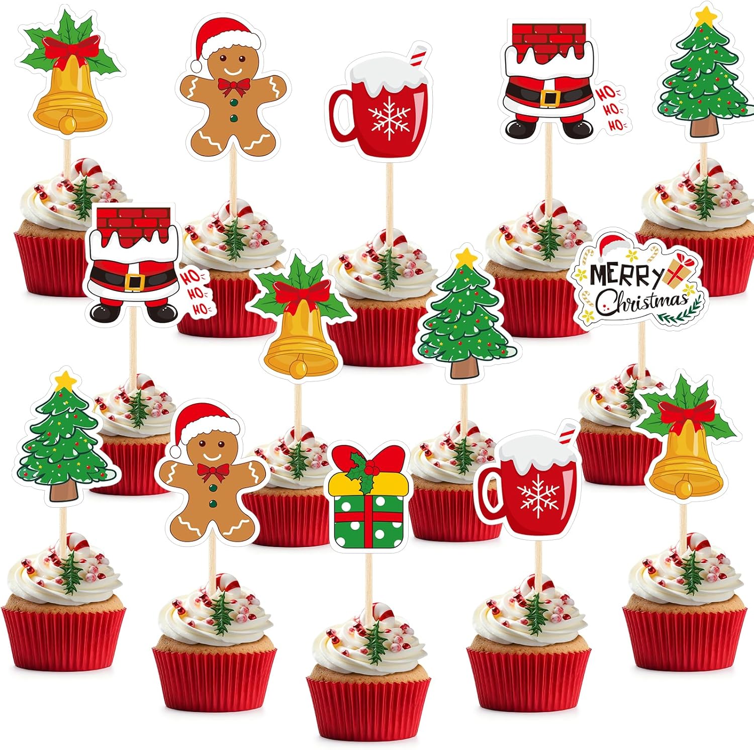 NACHLYNN 70pcs Merry Christmas Cupcake Toppers Holiday Party Fruit Cake Decoration Favors