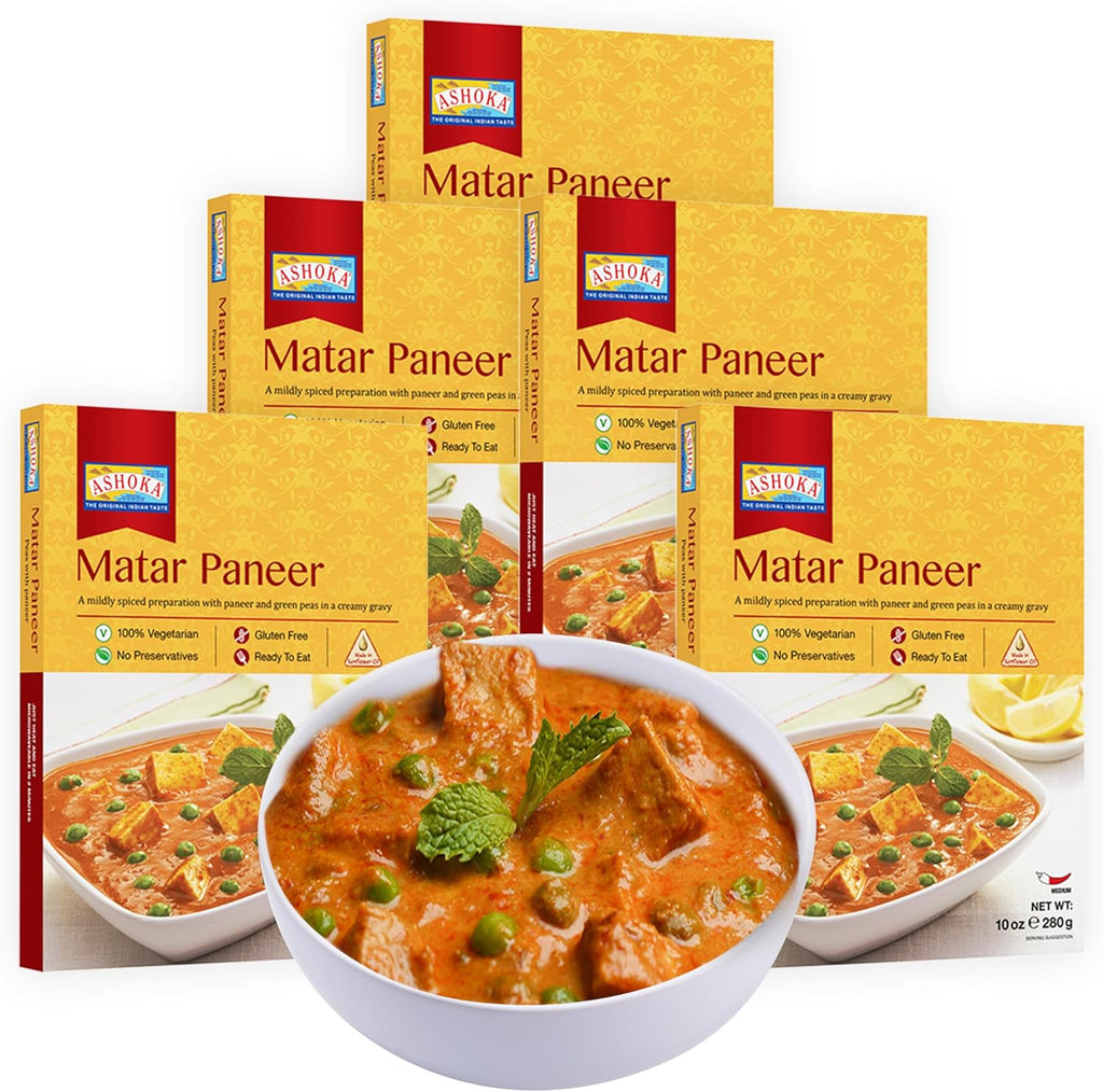 Ashoka Heat & Eat Entrees 1932, Vegetarian Green Peas & Cheese, Gluten-Free Indian Meals, Kosher Certified, All-Natural Matar Paneer, Travel Friendly, Portable, No Preservatives, Pack of 5