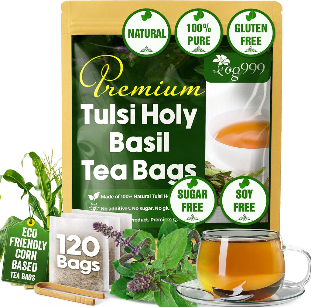 TOG999, Premium 120 Holy Basil Leaf Tea Bags, 100% Natural & Pure Holy Basil Leaves. Loose Leaf Holy Basil Herbal Tea. Holy Basil Leaf Tea. No Sugar, No Caffeine, No Gluten, Vegan.