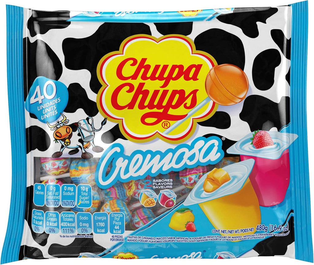 Chupa Chups Lollipops, 40 Candy Suckers for Kids, Cremosa Yogurt, 2 Assorted Creamy Flavors, for Gifting, Parties, Office, 40 Count
