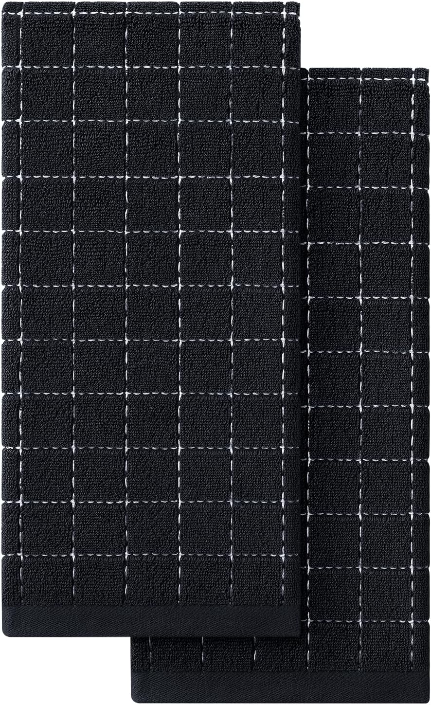 Homaxy 100% Cotton Terry Kitchen Towels(Black, 13 x 28 inches), Checkered Designed, Soft and Super Absorbent Dish Towels, 2 Pack