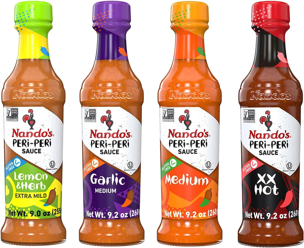 Nando's PERi PERi Artisan Hot Sauce Variety Gift Pack - Lemon & Herb, Garlic, Medium, Extra Extra Red Hot Piri Piri Sauce Set - 9.1oz Bottles - (4 Pack)