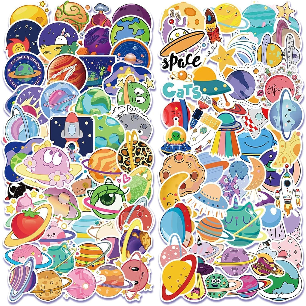 100 PCS Cartoon Planet Space Star Stickers, Fantastic Cute Cartoon Planet and UFO Water Bottle Laptop Car Computer Skateboard Suitcase Decal, Moon and Star Stickers, PP/Polypropylene Waterproof Decal