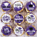 36PCS Edible Graduation Cap Cupcake Toppers Wafer Paper Grad Cap Diploma Cake Decorations Edible Grad Cap Cupcake Picks for 2026 Grad Theme Party Cake Decor Supplies (Purple)