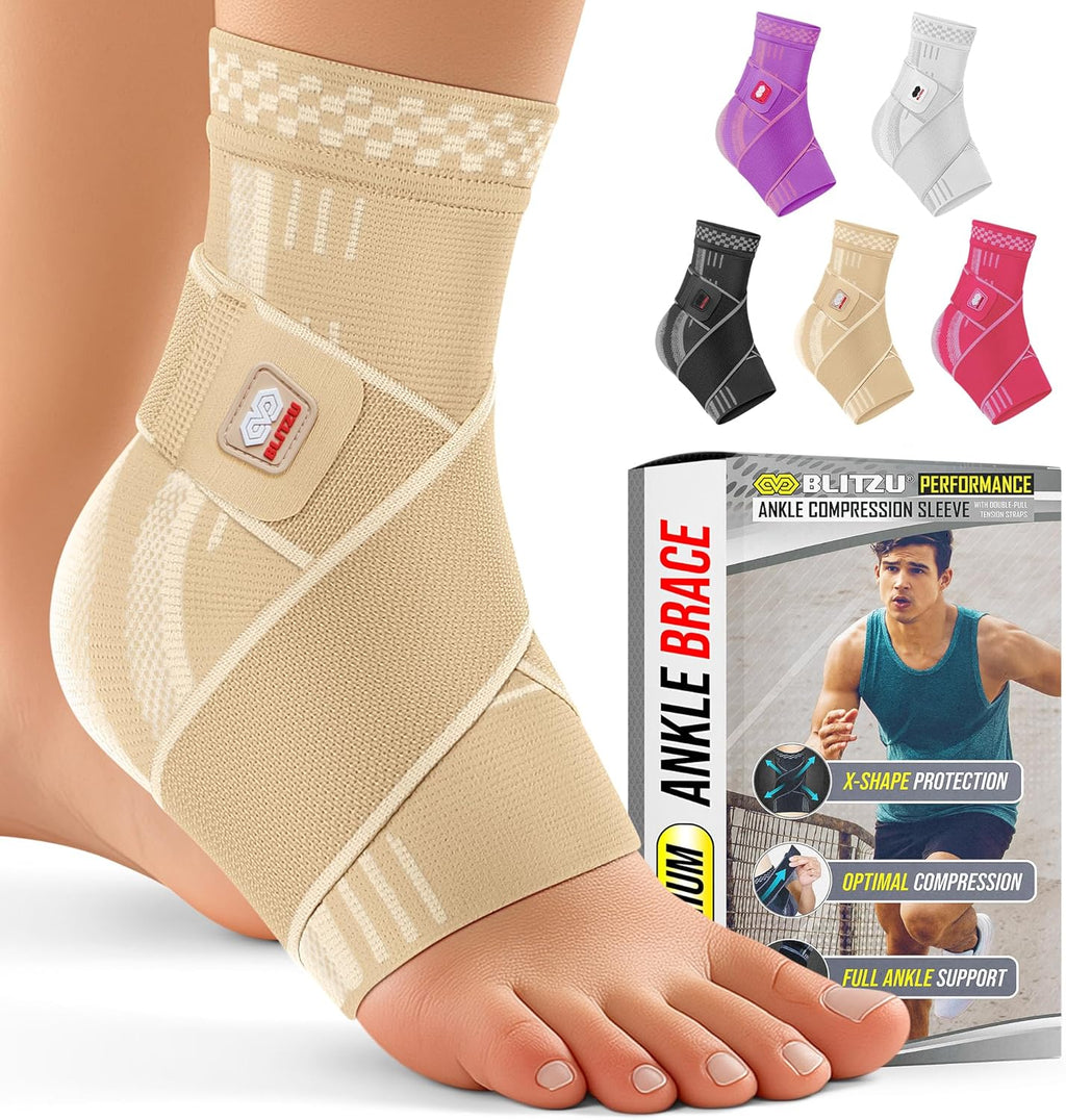 BLITZU Ankle Brace for Women, Men, Plantar Fasciitis Relief, Achilles Tendonitis Brace for Sprained Foot, Ankle Compression Sleeve with Strap Nude M
